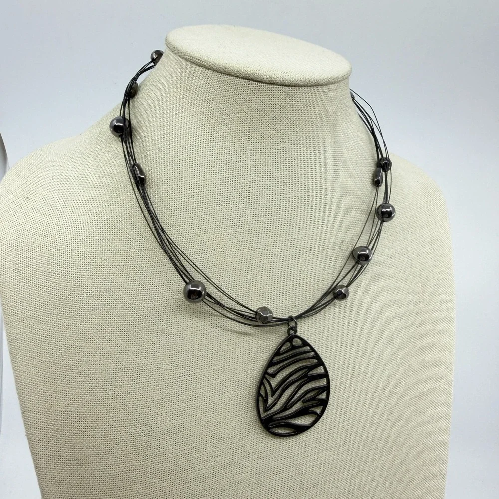 Gunmetal Zebra Teardrop Pendant Multi Strand Wire Necklace Statement Jewelry